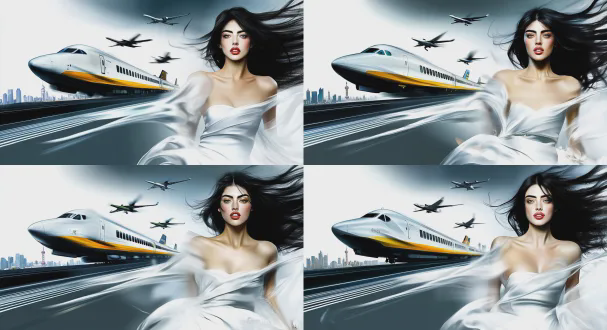 鸟瞰视角，超广角0.9f水墨长卷，c919巡航伴无人机，地面导弹车发射，天际线高铁绿皮火车交织，国际邮轮破浪，梁楷减笔人物八大山人花鸟笔意，水墨淋漓大量留白，侧逆光电影布光，慢镜头追随柔焦，动态光影史诗氛围，超现实主义图腾隐现，博物馆级影像质感，