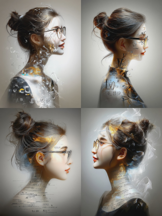 轻抽象雕塑半身像，由舒展的字母符号与清透漩涡构成人体形态，八大山人大量留白，溶入梁楷技法。细腻光影柔化轮廓与动感，侧视角姿态暗示轻盈流动。赛博朋克，融合清新摄影风格。佳能1dx3拍摄，光圈f/0.9，浅景深，柔光高调，晨间散射顶光，轻微动态模糊，主色调为白、浅灰与淡金，点缀微量薄荷绿或淡蓝。情感明亮、活力而有力。