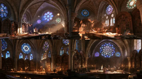 16:9横屏，白底干净背景，次世代3d cg暖光渲染，中世纪修道院抄经室，石砌拱顶肋架，蓝紫绿三色玫瑰窗，拱形木书架，木长桌，羊皮纸卷轴羽毛笔铜烛台，蓝紫天光交织暖烛光，漂浮微尘，无人物无文字，全局光照，细腻材质，氛围感。