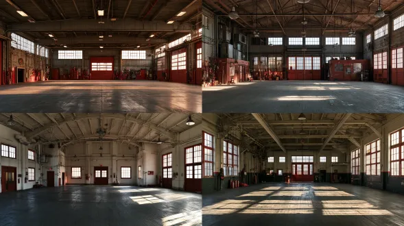 北美消防站训练大厅全景，建筑主导构图，自然透视，28mm镜头，平拍眼高，自然光，低对比度，深空间层次，灰调木色，真实磨损质感，无人物动物