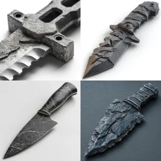 “超写实3d渲染，工作室灯光，白色背景，一款具有地质美学的水果刀特写： 1. **造型**：现代极简轮廓，手柄布满自然的岩层断层纹理，纹理深度层次分明，刀背带有细腻的微锯齿； 2. **材质**：哑光玄武岩黑聚丙烯手柄，表面有细微的矿物颗粒反光，断层纹理中可见晶体闪光，镜面抛光不锈钢刀片； 3. **细节**：地质层叠式刀柄连接，指腹休息区的加密纹理，完美的材质对比； 4. **风格**：原始自然主义与现代工业设计的融合，地质美学，机能主义，8k纹理细节，产品级渲染，侧面45度构图。”