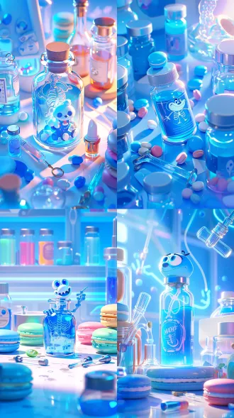 迪士尼3d动画风格奇幻实验室，中心构图，明亮柔焦，霓虹试剂环绕，微距镜头，顶光，清晰细节，拟人蓝药瓶指骨骼讲解，活泼得意，马卡龙蓝白主色调。