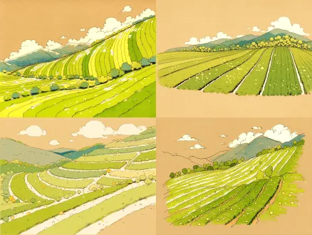 hand-drawn illustration, loose colored pencil and marker style, composition of a liubao tea plantation in guangxi, composition: taking up the lower half of the image, 3 to 4 soft undulating wavy curved lines rising towards the upper right corner, representing the tea field ridges. the spacing between lines is wider at the bottom (foreground) and narrower at the top (background) to create a sense of perspective. the lines are slightly crooked and not perfectly parallel, with some small bumps like little hills. elements and texture: flat coloring within the curved bands, leaving tiny white gaps between color strokes to create a breathable feel. scattered round, chubby color blocks on top of the base color representing fluffy tea trees, somewhat messy and casual. a few fluffy white clouds floating in the negative space of the upper sky. colors: bright light pea green for the foreground tea fields, medium grass green for the middle layer, and a cool gray-green with a hint of blue for the distant mountain peaks, mixed with small dots of yellow representing sunlight hitting the tea leaves. style: warm kraft paper background, visible sketch lines, bold marker outlines, flat color blocks, slightly bleeding ink edges, loose and expressive, rustic, cozy, naive art style, not photorealistic, not 3d