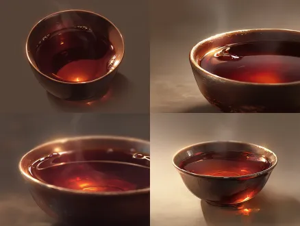 a close-up of dark amber red liubao tea in a small rustic ceramic teacup. the tea liquid is thick, translucent, and rich, glowing from within. a subtle steam rises gently. the edge of the tea reflects a soft warm light. chinese minimalist aesthetic, traditional tea ceremony vibe. color palette: deep ruby red, dark amber, earth brown, warm grey background. macro photography style, ultra-detailed texture, soft focus background, elegant and serene.