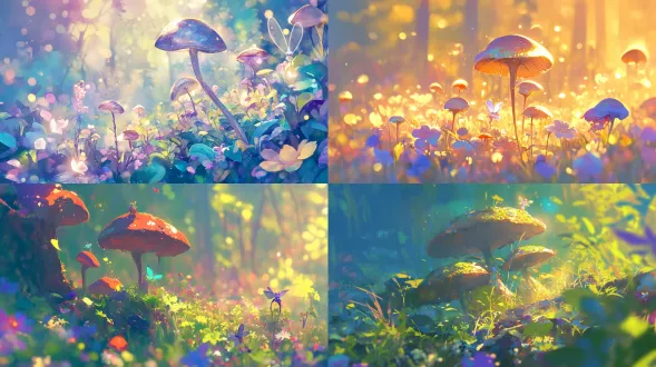 梦幻森林发光蘑菇柔光多彩花朵小精灵虹彩翅膀树影斑驳宫崎骏风格水彩笔触童话氛围广角镜头浅景深暖色调自然光微距细节柔和阴影生机勃勃静谧祥和轻盈动态童话仙境高饱和度空气透视魔法光斑柔焦效果