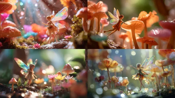 小精灵轻盈飞舞，梦幻森林背景，发光蘑菇柔和光晕，多彩花朵铺地，虹彩翅膀折射阳光，树影斑驳，宫崎骏风格，柔和水彩笔触，童话氛围，广角镜头，浅景深，暖色调，自然光透射，微距细节精致，柔和阴影，生机勃勃，静谧祥和，轻盈动态，童话仙境，高饱和度，空气透视，魔法光斑，柔焦效果。