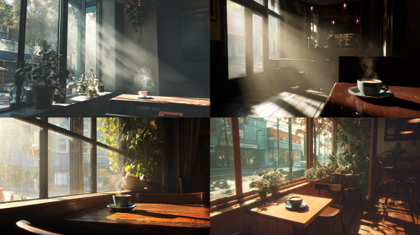 阳光从左侧窗户射入安静的现代咖啡馆室内，桌上有杯冒热气的咖啡
