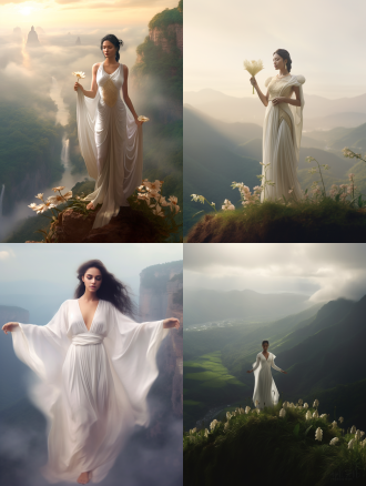 "神女站在云雾缭绕的山巅，飘逸白裙随风舞动，面容圣洁宁静，手持莲花，俯瞰人间，仙境氛围，柔光照射，长焦镜头，浅景深，淡雅色调，空灵唯美，神圣庄严，仙气缭绕，宁静祥和。"