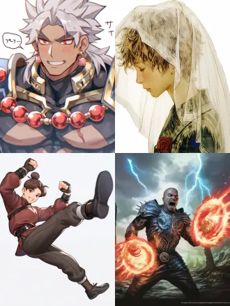 古风男，红白衣，披发，手上缠着红线铜钱