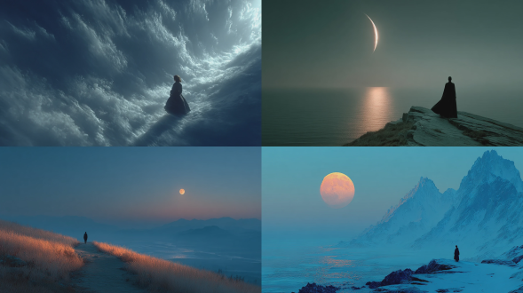 8k超现实电影静帧，星月神话风格，极致孤独美学，冷蓝月光，低角度广角镜头，前景中景远景强景深，对角线引导线，电影侧光，高对比度细腻质感，深邃神秘，冷调氛围，广角镜头，震撼景深，超现实场景，孤独人物侧影，月光染色，静谧情感，清冷色调