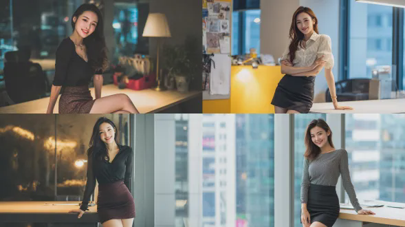 一位气质美艳的25岁中国女销售，身着合身西装裙，自信微笑，侧身倚靠现代办公桌，展现修长腿部线条。腿部重点展示突出，大腿特写展示，都市精英办公室环境，柔光与重点光结合，突出人物魅力与质感，商业时尚摄影风格，浅景深，85mm人像镜头，高级灰与亮色点缀，专业、迷人、吸引力。