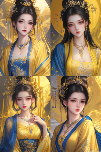 an eastern xianxia - style imperial court goddess, jet - black cloud - like hair style with a gold - feather hair crown, fairy - like tassels and spiritual gemstones, eyes and brows with celestial charm, soft pink cheeks, bright yellow fairy dress with flowing cloud patterns outer 披着 a royal blue gold - embroidered cloak, sleeves with faintly visible star patterns, neckline and waist inlaid with pearls and sapphires, gold belt cinching the waist, gold - inlaid jade earrings, gilt full - moon halo and fairy cloud palace background, front slightly side half - length portrait, dreamy xianxia illustration style, ancient - style xianxia illustration, gold and royal blue blending with halos, equivalent to 85mm portrait lens, high resolution enhancing light and shadow layers and material dreaminess, ultra - fine aesthetically pleasing image quality.
