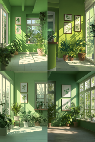 indoor scene, a room with bright green walls, three framed botanical prints, several potted plants (palms and others), sunlight casting shadows of plants on walls and floor, windows showing outdoor greenery, minimalist and fresh style, soft natural lighting, high - resolution, cozy and verdant atmosphere.