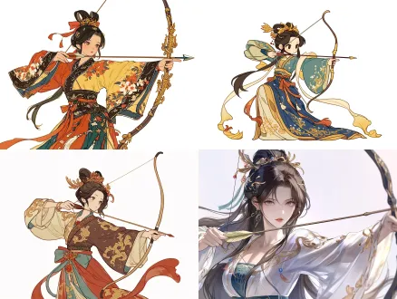 一个中国古风仙侠美女，弓箭手职业，金色长弓，汉服，飘逸，造型拉满，画面精美，突出人物，施展弓术魔法