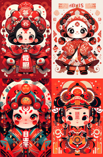 cute chinese peking opera new year poster with the theme of a cute little doll, in a flat design style for an anime-inspired illustration, featuring bold lines, vibrant colors, and traditional costumes. the background is red with white patterns in a patterned paper form. in large letters at the top center,