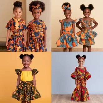 design some african children's clothing that kids will like, featuring creative and attractive styles with a variety of different outfit combinations. incorporate plain-colored fabrics and design different types of skirt styles with more variety.