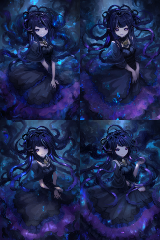 动漫角色设计，半身，描绘了一位具有鬼魂特征的美丽少女,她的深黑色长发很长且扭曲且凌乱，带有深蓝色点缀，她穿着黑紫相间的哥特式长裙，精细描绘蓬松的裙摆，她露出轻蔑的笑容，表情中带有一丝挑逗和高傲。周围有神秘的魔法气流，梦幻的光线，整体展现出一种优雅而又神秘的氛围。