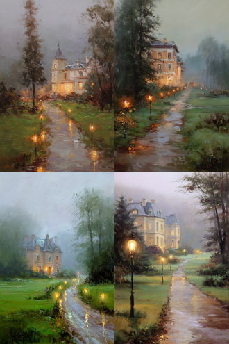 这是一副温馨的风景油画，描绘了一座灯火通明的20世纪公馆，从郁郁葱葱的小路一路延伸而来，土路两侧有小灯，雾天下雨。笔触细腻。康斯坦科·拉祖莫夫风格