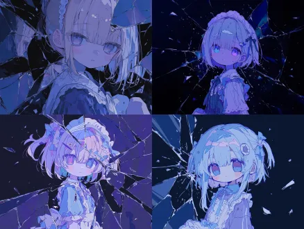 1 girl, original oc, light blue and purple color matching, soft animation facial features, exquisite eyes, indifferent expression, half body to knee, standing painting, quarter side, fault art aesthetics, broken glass fragments, dark abstract background, clean animation lines, volume light