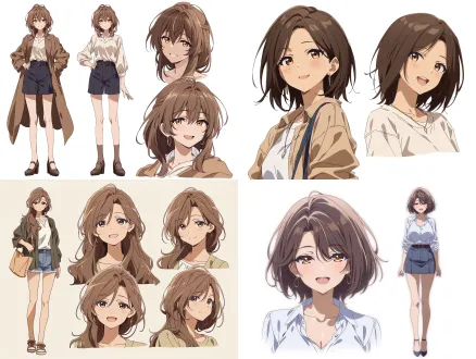 adult anime woman, around 22 years old, youthful but clearly adult appearance, balanced facial proportions, slightly elongated oval face, elegant almond-shaped eyes, defined chin, mature anime character design, natural adult height and proportions, fashionable contemporary clothing, lively expression, beautiful polished anime illustration