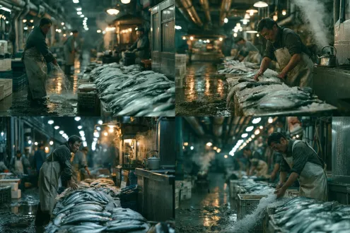 a traditional wholesale fish market just before sunrise, exhausted workers in worn waterproof aprons washing crushed ice across a wet concrete floor, rows of freshly caught silver fish reflecting harsh fluorescent ceiling lights, plastic crates stacked irregularly, puddles reflecting industrial pipes, a tiny tea stall at the far end releasing a thin ribbon of steam from a metal kettle, muddy footprints, condensation and water droplets on stainless steel, handheld documentary-style composition at human eye level, layered foreground activity and deep background perspective, cold steel blue mixed with small pockets of warm amber light, honest everyday working-class atmosphere, highly realistic human gestures, natural imperfections, cinematic observational photography, photorealistic movie still, subtle 35mm film grain, restrained color grading, no text, no watermark