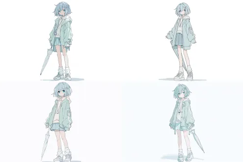 girl, soft expression, flat 2d animation style, clean lines, shadow, white background, mint gray short hair, soft volume, hair end slightly outward, ventilated bangs, small geometric hairpin, oversized light mint long jacket, inner ivory hoodie, light fog blue pleated skirt, loose white socks, white sneakers, simple reflective sleeve details, tiny transparent umbrella pendant, subtle medicine box accessories, minimalist japanese animation character design, young but not childish, soft and soft color, mint gray, ivory, light blue, cool gray accent, clear outline, slightly rainy mood, calm atmosphere, clear color illustrations
