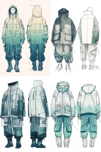 technical flat sketch, front and back view of an oversized deconstructed windbreaker jacket with asymmetrical zip closure and detachable utility pockets, paired with wide-leg cargo pants with knee articulation panels, ice-dyed gradient from deep indigo to emerald green on main panels, reflective silver piping along seams, clean white background, black line art, showing stitching details and panel construction