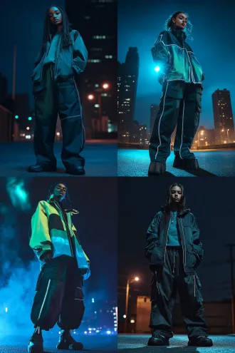 editorial fashion photography, full body shot, model wearing oversized deconstructed windbreaker with ice-dyed indigo-to-emerald gradient fabric, reflective silver piping catching cold blue light, wide-leg cargo pants in matte black with subtle reflective knee panels, dark urban night setting with faint aurora glow in background, moody atmosphere, cinematic lighting,