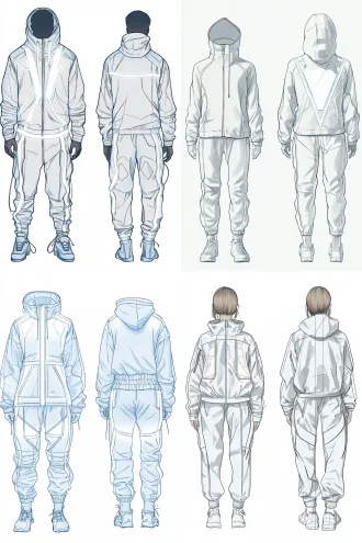 technical flat sketch, front and back view of a technical zip-up jacket with integrated programmable led strip running along the chest yoke and sleeve seams, funnel neck, raglan sleeve construction, paired with tapered ice-dyed jogger pants with elastic ankle cuffs, led strip detail shown as segmented lines, reflective drawcords, pure white background, clean vector-style technical illustration