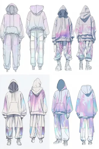technical flat sketch, front and back view of an oversized hoodie with double-layer hood and extended drawstrings, ice-dyed texture resembling frozen aurora — irregular crystal-like color bloom in violet, cyan and soft pink on grey base, paired with wide-leg trousers featuring reflective geometric panel inserts at side seams, white background, clean technical line art, front and back view
