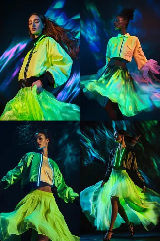 editorial fashion image, model in cropped bomber with led strip pulsing in neon lime and cyan along the placket, asymmetrical skirt with ice-dyed lime-to-charcoal gradient, fabric movement captured mid-motion, dark backdrop with subtle aurora projection, full body, dynamic pose,