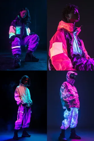 fashion editorial photography, model in technical jacket with embedded led strips emitting soft cyan and magenta glow, ice-dyed jogger pants in violet-to-black gradient, reflective drawcords, dark studio with controlled low-key lighting, led light reflecting on model's face, sense of anticipation, full body,