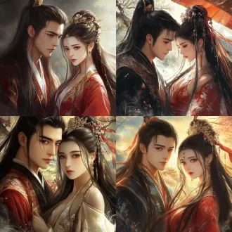 做一个男人和一个女的言情小说封面，要求是中国古代奇幻古风，画风华丽，男人和女人都是中国古人的长发，男人和女人长相都非常俊美。背景是古风中国场景