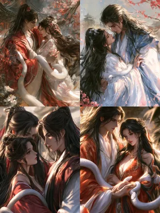 做一个男人和一个女的言情小说封面，要求是中国古代奇幻古风，画风华丽，男人和女人都是中国古人的长发，男人和女人长相都非常俊美。背景是古风中国场景。女人身上缠着一条白色的蛇。