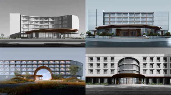 以参考图为基础现代建筑外观，重点调整中间圆形建筑门及门头