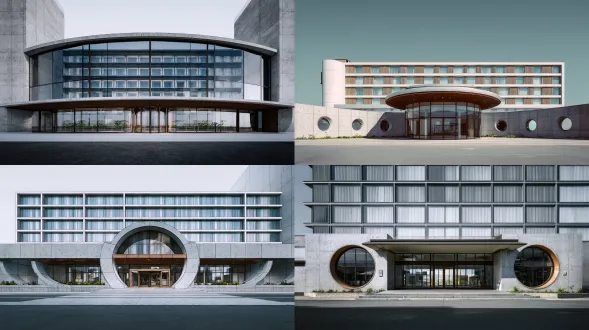 现代建筑外观，圆形建筑门及门头突出设计感，几何线条，极简主义，混凝土与玻璃材质，未来感，对称构图，冷色调，自然光与人工光结合，广角镜头，高动态范围，细节丰富，平滑表面，光影对比，抽象艺术风格，都市环境，清晰轮廓，科技感，中性色系，冷静氛围。