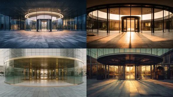 圆形建筑门头，对称构图，现代极简风格，玻璃与金属材质，几何线条，浅色背景，黄金时段光线，广角镜头，高动态范围，冷色调，反光表面，未来感，空旷环境，平静氛围，低视角仰拍，鲜明阴影，干净利落。