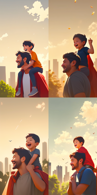 "孩子坐在爸爸肩膀上嬉笑，中国家庭温馨场景，商业漫画风格，明亮色彩，扁平化设计，卡通渲染，柔和光线，欢乐表情，亲子互动，城市公园背景，现代服饰，简约线条，高饱和度，动态构图，幸福氛围"