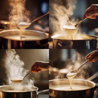 一只手舀起奶白色浓汤，不锈钢锅蒸汽袅袅，特写镜头，暖色调，高对比度，柔和侧光，金属反光，细腻汤汁纹理，热气动态模糊，慢快门，厨房暖光，温馨氛围，微距细节，舒适居家感，浓郁香气视觉化。