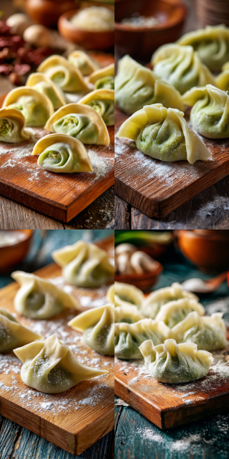 手工制作的饺子，放在木质案板上未装盘，清晰展现饺子包裹的馅料轮廓，饺子皮浅绿色，周围散落面粉，搭配冬菇和马蹄，光影聚焦主体，背景虚化，商业摄影风格，大师水平，细节丰富，微距拍摄，32k高清，无文案，充满生活烟火气