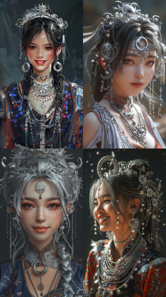 东方苗族少女，半身，银色发饰，月牙项链，吊着很多银饰，身穿苗族特色服装，微笑开心，正对屏幕