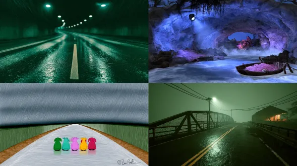 赛博朋克雨夜峡谷巨城，两点透视，冷青探照主光，24mm广角，雨雾分层，湿沥青反光，压抑窒息，仅峡谷尽头破裂建筑亮彩