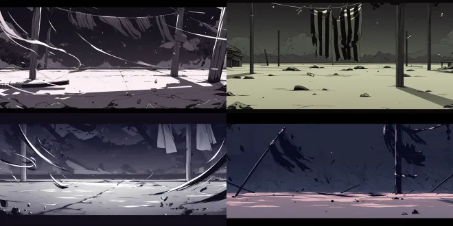 2d side-scrolling battle background, pure environment only, absolutely no people, no silhouettes, no body parts. night, cold and oppressive atmosphere, monochrome color palette (black, white, dark grey). wide flat ground occupying 80% of the frame, empty. in the air, only sharp wavy silver sword slash trails and floating black bandages. black and white striped cloth hanging on a wooden pole in the far background. flat cel-shaded anime style, thick black outlines, no shadows, 2:1 aspect ratio,