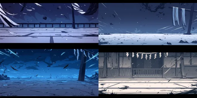 2d side-scrolling battle background, pure environment only, absolutely no people, no silhouettes, no body parts. night, cold and oppressive atmosphere, monochrome color palette (black, white, dark grey). wide flat ground occupying 80% of the frame, empty. in the air, only sharp wavy silver sword slash trails and floating black bandages. black and white striped cloth hanging on a wooden pole in the far background. flat cel-shaded anime style, thick black outlines, no shadows, 2:1 aspect ratio,