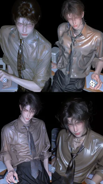 俊美男性，动作自然舒展，皮肤白皙，动漫感，二次元精致脸，清透肤质，细腻，五官清晰，韩系厚涂，写实画风，3d渲染，电影感，氛围感，高清，极致细节，8k超清，平视视角，居中对称构图，黑色蓬松短发往后梳，露出额头，只留一缕发丝垂下，身穿卡其色/浅棕色纽扣领衬衫，领口微敞，袖子卷至小臂，搭配深色几何图案领带与深色下装。呈正面平视站立姿态，右手手指夹着一颗骰子，姿态优雅。桌面铺满文件，桌子左侧放着一个保温盒。背景为纯黑背景。