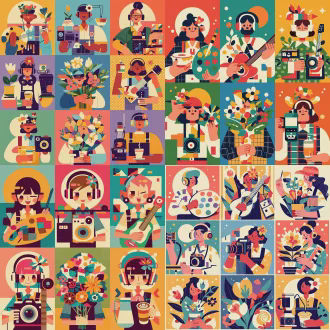 风格特点： 没有描边，纯色块叠加颗粒质感纹理，几何图形感强。适合设计、艺术、广告行业。 头像元素规则： 统一的半身像，背景为不同颜色的波点或条纹，每个人手里拿一个代表作品。 插画师： 拿着巨大的调色盘和画笔，画笔颜料滴在身上也不在乎，背景是大太阳。 音乐人： 戴着耳机，手里拿着小型打碟机或电吉他，嘴巴微张在哼唱。 摄影师： 单反相机挂在胸前，手里拿胶卷或闪光灯，一只眼睛闭着在取景。 花艺师： 捧着一束巨大的抽象几何花束，头上戴着一朵小花作为发饰。 咖啡师： 单手拿着拉花缸，另一手端着一杯有完美拉花的拿铁，表情专注拉花。