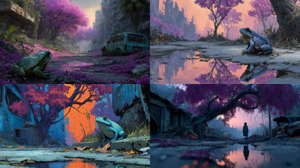 hyperrealistic cover art, post-apocalyptic cityscape with purple-leafed alien trees growing through cracked concrete, gentle rain of orange spores glowing in twilight, silhouette of a grey frog-like alien (eridani) watching from misty alley, foreground shows a tattered baby blanket half-buried in glowing purple vines, soft focus reflection in a puddle shows a woman's hands cradling empty air, muted color palette of ashen purples, burnt oranges and concrete greys with single streak of cobalt blue, cinematic lighting, haunting atmosphere, emotional sci-fi, style of annihilation movie poster blended with simon stålenhag