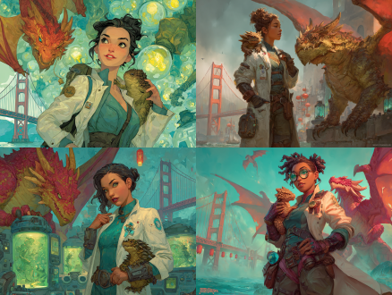 epic cover art for sci-fi novel "project dragon", a female asian bioengineer in lab coat holding a small scaled dragon with pangolin-like armor (brown, mammalian) on her shoulder, a larger red-gold feathered dragon with folded wings (like a winged corgi) playfully tugging her coat, glowing bioprinting chamber with dragon embryo visible in background, golden gate bridge and chinese new year lanterns in foggy distance, vibrant red and gold color scheme, intricate biological details, digital painting style by jama jurabaev and kekai kotaki, sci-fi meets mythical, dynamic composition, 4:3 aspect ratio