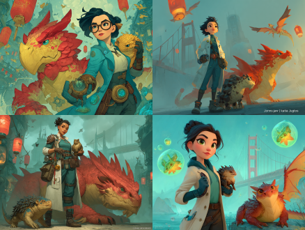 lego style, epic cover art for sci-fi novel "project dragon", a female asian bioengineer in lab coat holding a small scaled dragon with pangolin-like armor (brown, mammalian) on her shoulder, a larger red-gold feathered dragon with folded wings (like a winged corgi) playfully tugging her coat, glowing bioprinting chamber with dragon embryo visible in background, golden gate bridge and chinese new year lanterns in foggy distance, vibrant red and gold color scheme, intricate biological details, digital painting style by jama jurabaev and kekai kotaki, sci-fi meets mythical, dynamic composition, 4:3 aspect ratio