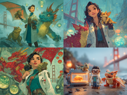 lego style, a female asian bioengineer in lab coat holding a small scaled dragon with pangolin-like armor (brown, mammalian) on her shoulder, a larger red-gold feathered dragon with folded wings (like a winged corgi) playfully tugging her coat, glowing bioprinting chamber with dragon embryo visible in background, golden gate bridge and chinese new year lanterns in foggy distance, vibrant red and gold color scheme, intricate biological details, digital painting style by jama jurabaev and kekai kotaki, sci-fi meets mythical, dynamic composition, 4:3 aspect ratio